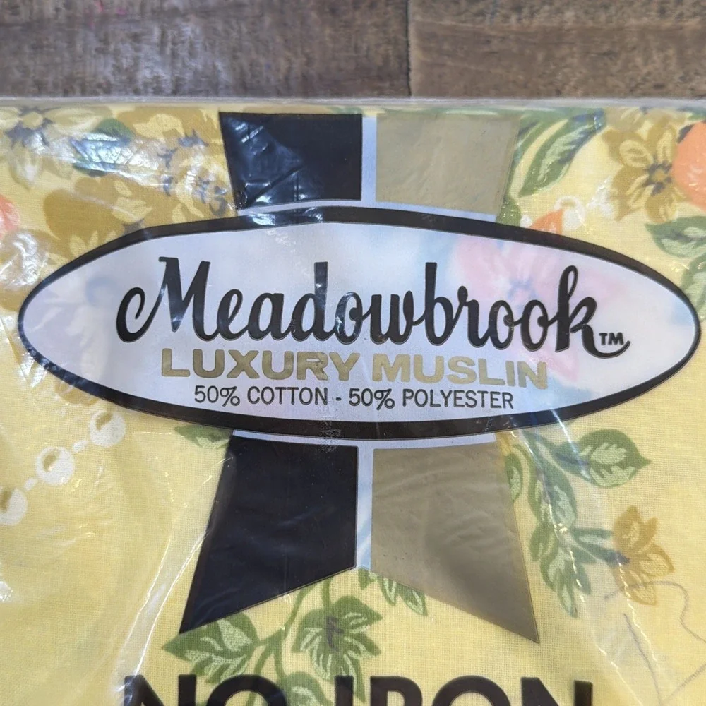 Vintage 70s Meadowbrook Floral Twin Flat Sheet Yellow Muslin New NOS Irregular